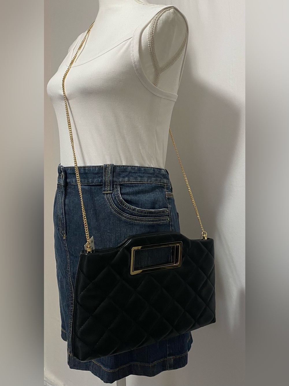 INC International Concepts Black Quilted Crossbody with Gold Chain